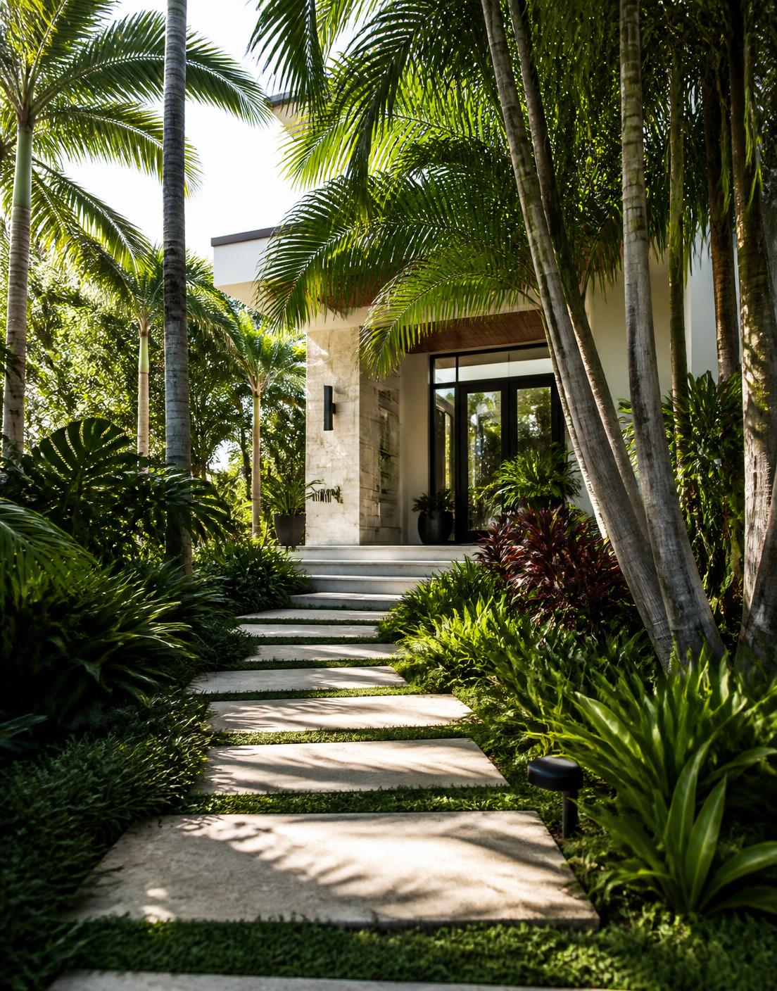 Lush tropical entry garden with stepping stone path