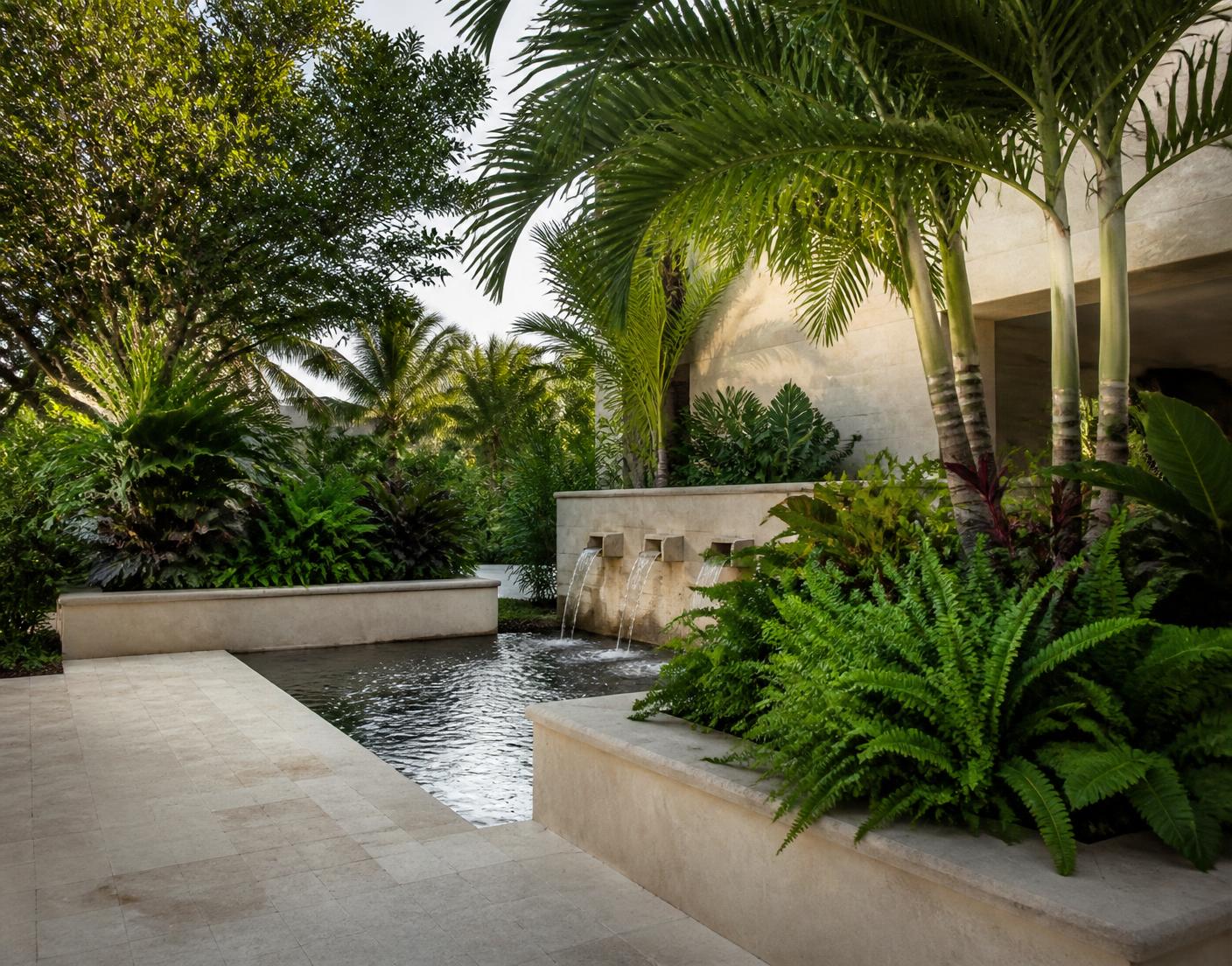 Tropical landscape with limestone terrace and water feature